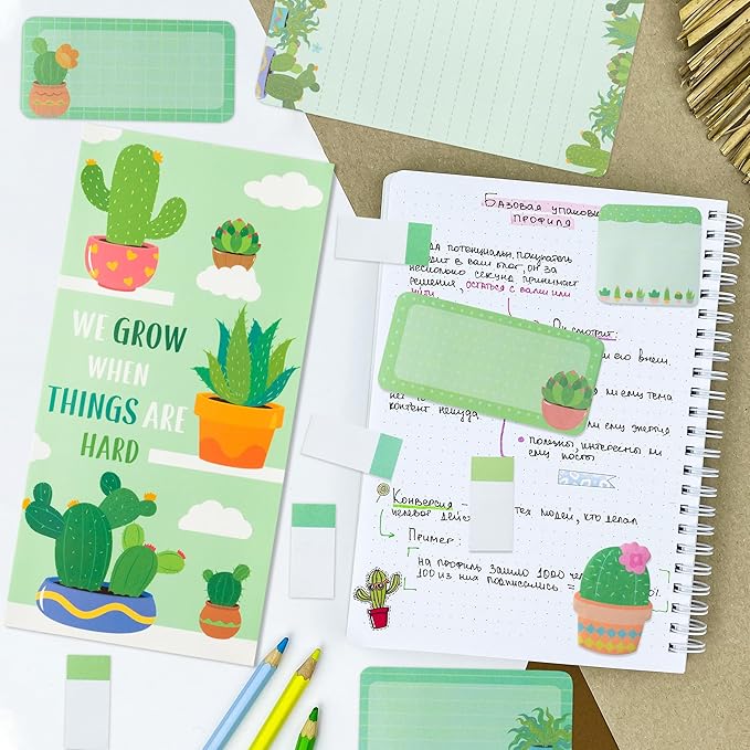 Xqumoi We Grow When Things are Hard Sticky Notes Set, 550 Sheets, Cute Cactus Shaped Self-Stick Notes Pads Plant Divider Tabs Bundle Writing Memo Pads Back to School Office Supplies Small Gift