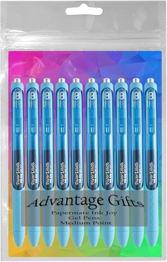 Paper Mate InkJoy Gel Pens, Bright Blue Ink, Medium Point (0.7mm), 10 Count, Bundle with Plastic Reusable Pouch