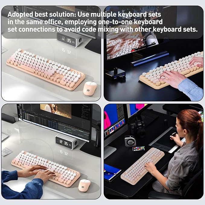 Wireless Keyboard and Mouse Combo, 105 Round Keys Full-Size Cute Colorful Pink Cordless Keyboard and Mouse with Retro Typewriter for PC/Mac/Laptop/Tablet/Computer/Windows Pink