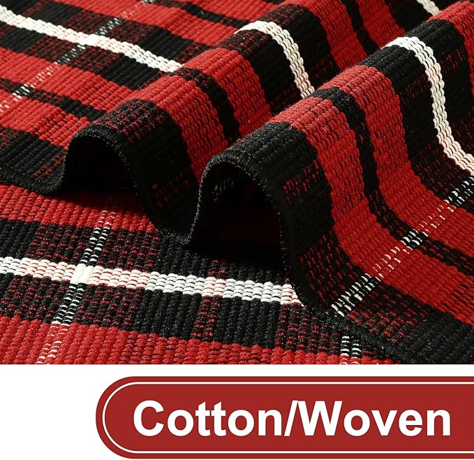 KIMODE Christmas Door Mat Outdoor 24"X35",Red/Black Buffalo Plaid Rug,Washable Cotton Hand-Woven Layered Door Mats,Reversible Outdoor Christmas Decor for Front Porch,Entryway,Kitchen