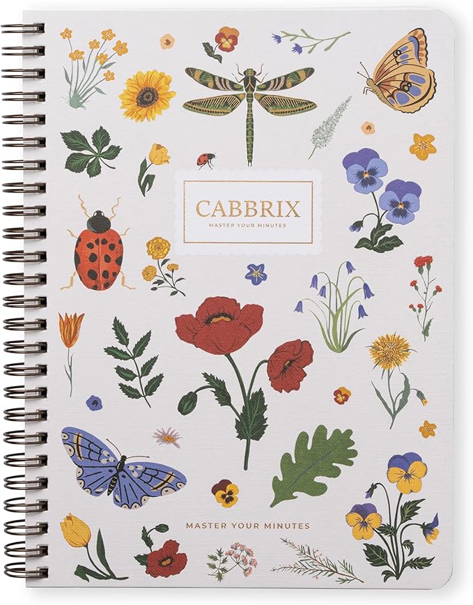 Cabbrix Spiral Notebook, 160 Ruled Pages 8.5" x 6.25" Journal, Inner Storage Pocket Folders with Customized Sticky Notes, Double-Spiral Binding, Cloth Patterned Special Paper Front & Back Cover (Poppy)