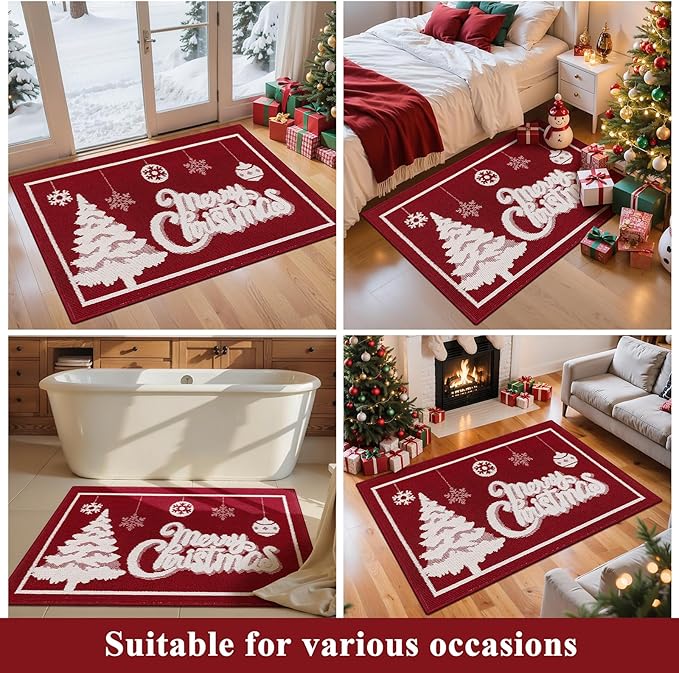Christmas Doormat with Non Slip, Loop Pile Red and White Indoor Christmas Welcome Mat with Absorbent & Dirt-Trapping, Outdoor Christmas Tree Door Mat Front Porch Decor 32x48 Inch