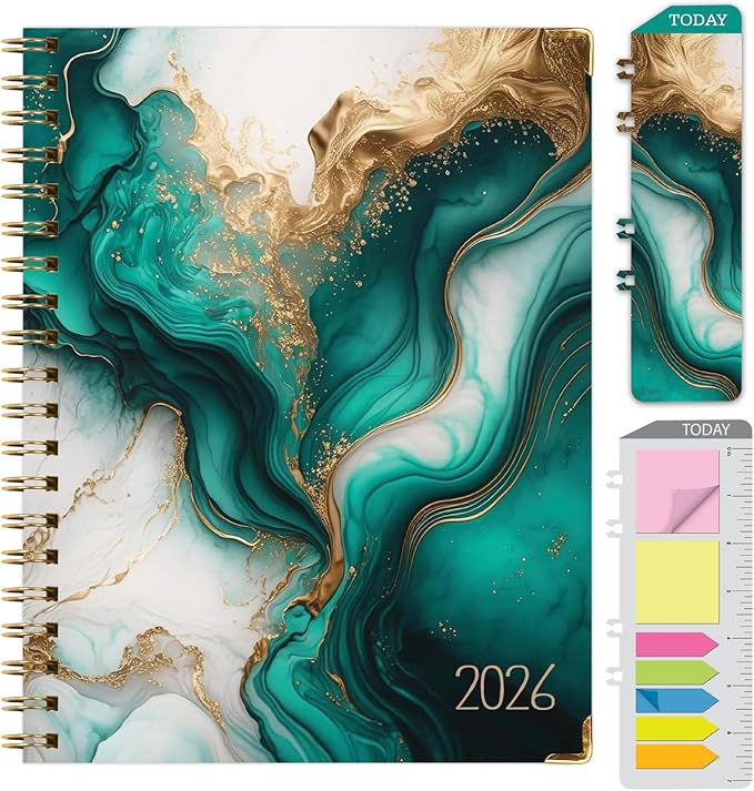 HARDCOVER 2026 Planner, 7"x9": 14 Months (November 2025 - December 2026), Daily Weekly Monthly Planner, Yearly Agenda, Bookmark, Pocket Folder and Sticky Note Set (Teal Gold Marble)