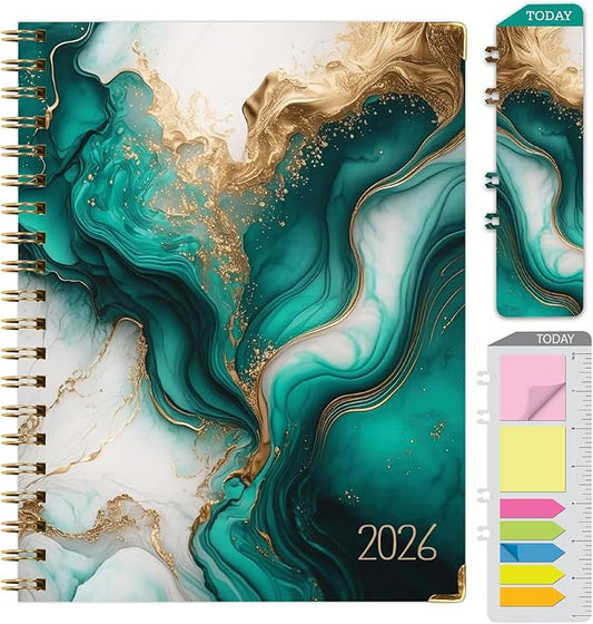 HARDCOVER 2026 Planner, 7"x9": 14 Months (November 2025 - December 2026), Daily Weekly Monthly Planner, Yearly Agenda, Bookmark, Pocket Folder and Sticky Note Set (Teal Gold Marble)