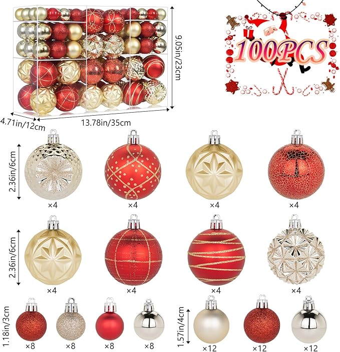 100ct Red and Gold Christmas Ornaments Set, Shatterproof Christmas Decorations for Tree Elegant Plastic Xmas Ball Ornaments with Assortment of Designs and Size for Holiday Party Deco (Red & Gold)