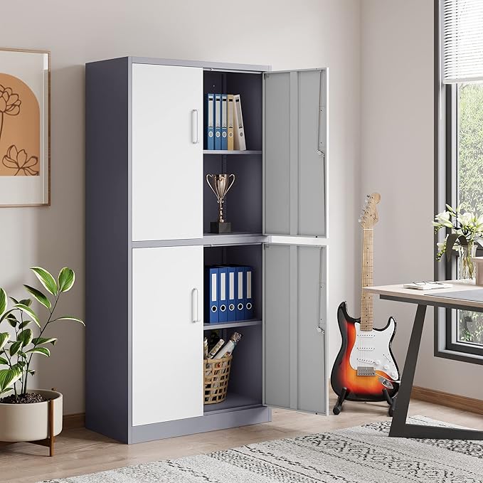 STANI Metal Storage Cabinet, Locking Steel Cabinet with 4 Doors and 2 Adjustable Shelves, 71" Tall Steel Cabinet for Home Office, Garage, School (Grey+White)