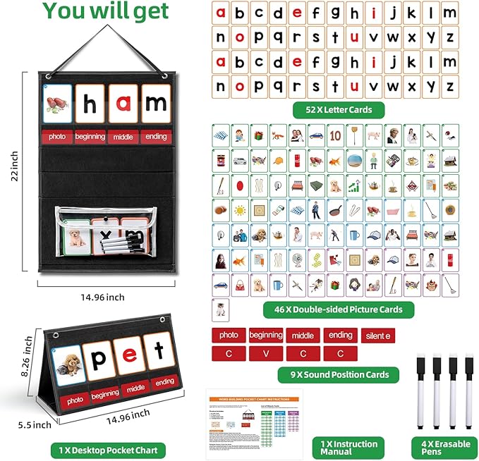 CVC Word Builder Desktop Pocket Chart with 107 Cards, Kids Word Builder Games for CVC CVCC CCVC Learning Reading Spelling Early Education Tool for Preschool Kindergarten Classroom.