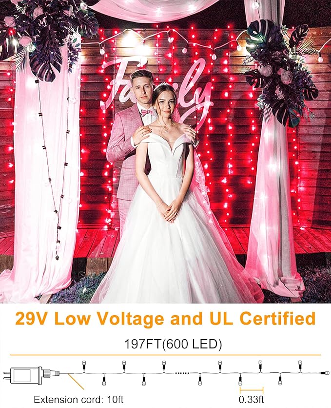 197FT 600 LED Christmas Lights Outdoor, Plug in Christmas Tree Lights 8 Modes, Waterproof String Twinkle Lights for Indoor Room Patio Yard Fence Party Wedding Holiday Decorations, Red