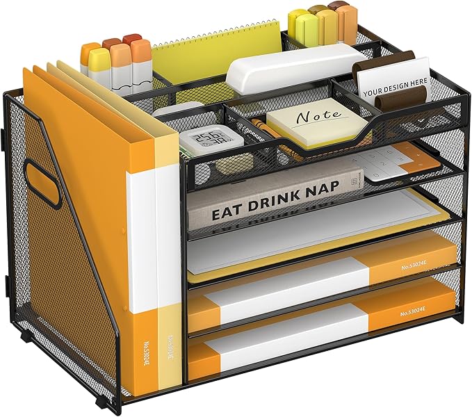 5 Tier Paper Letter Tray with File Holder and 3 Drop-in Pen Holders, Mesh Desk File Organizer with Handle, Desk Organizers and Accessories for School,Home, Office Supplies Storage-Black