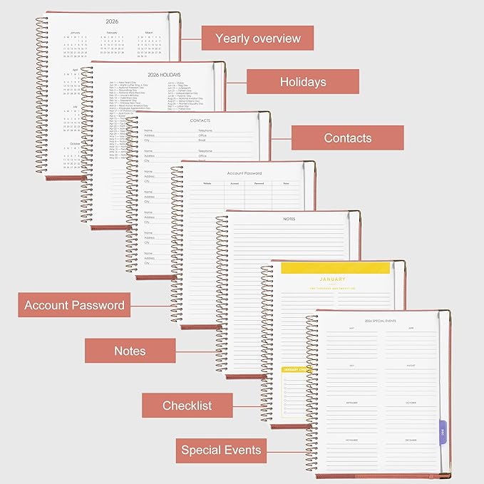 2026 Planner, Weekly and Monthly Calendar Planner Book,Dec 2025 - Dec 2026, Leather Hardcover Spiral Planner with Monthly Tabs, Notes Pages, Perfect for Women & Men, A4 (9.6" x 11.2") - Pink