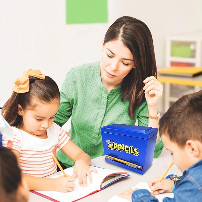 Pencil Dispenser Holder Blue Stainless Steel Dispenser for Pencils with 6 Beautiful Stickers for Decoration Metal Pencil Dispenser for Classroom Home Office Teachers Students (Pencils Not Included)
