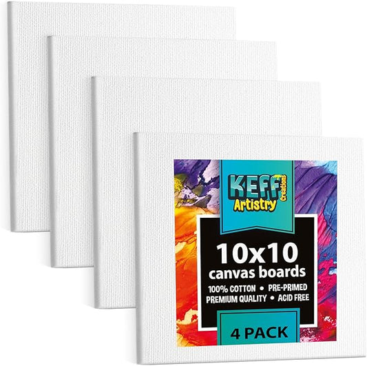 KEFF Canvas Boards for Painting - 10x10 4-Pack Bulk Canvas Panels, 100% Cotton Triple Primed Large Canvases for Art Painting Supplies, Acrylic, Oil, Watercolor & Tempera