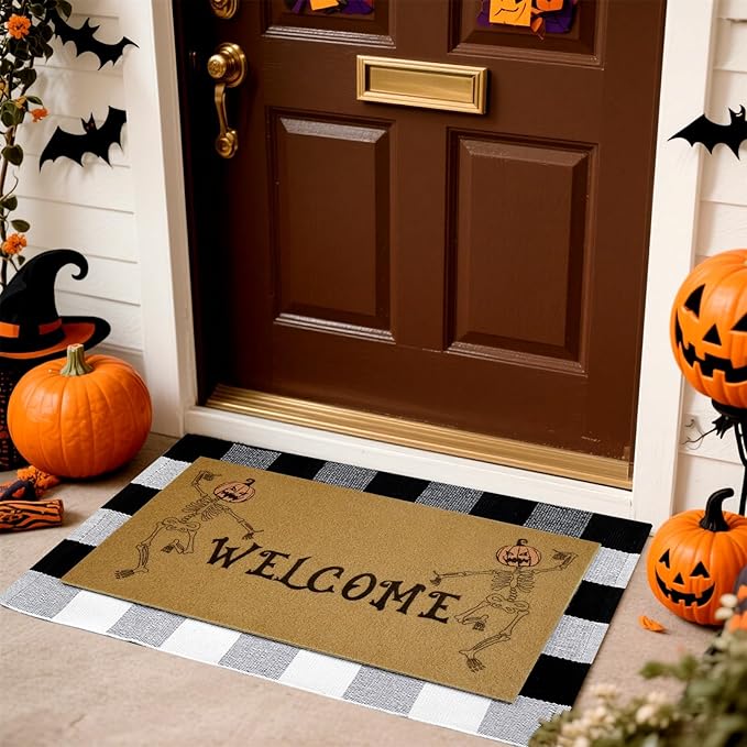 2 Pcs Halloween Welcome Door Mat 30 x 17 Inch Funny Skeleton Welcome Coir Doormats for Front Door Skull Pumpkin Door Mat Non Slip 2-in-1 Buffalo Plaid Rug for Outside Entrance Porch Home Patio Decor