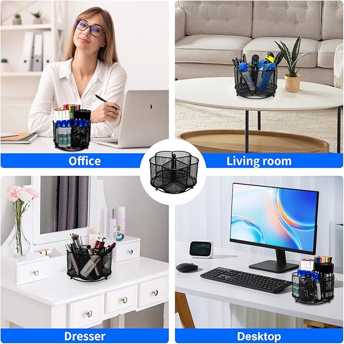 360 Degree Rotate Pen Holder for Desk Mesh Desk Pen Organizer Pencil Holder Large Capacity Accessories & Workspace Organizers for School,Home (Black, No hook)