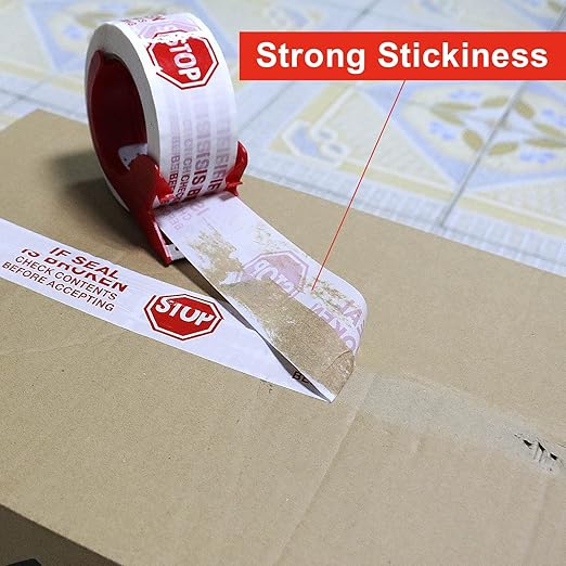 Stop Sign Sealing Tape Pre-Printed IF Seal is Broken,Check Contents Before Accepting,Heavy Duty Packing Tape with Dispenser 2 Inch x 110 Yards,Packaging Tape for Moving and Shipping (White)