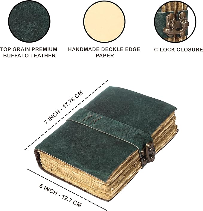 Vintage Leather Journal Handmade Buffalo Non-Refillable Deckle Edge Paper – Leather Bound Journal for Women, Men, C-Lock Closure Ideal for Writing & Travel for Artists (Sea Green)