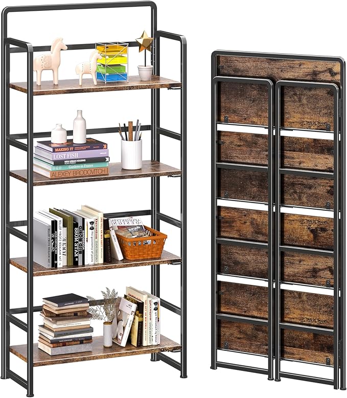 4NM No Assembly Folding Bookshelf, 4-Shelf 54" H Collapsible Foldable Bookcase Storage for Small Spaces, Rustic Brown and Black