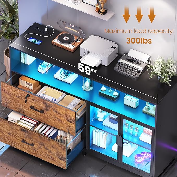 SEDETA 59" File Cabinet, 2 Drawers Filing Cabinets for Home Office fit Legal/Letter/A4 File, File Cabinet with Lock & Power Outlets, Printer Stand with Storage & LED Lights, Rustic Brown