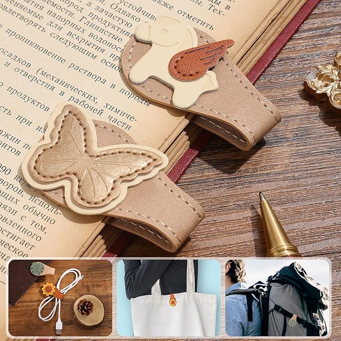 2PCS Vintage Magnetic Leather Bookmark, Leather Magnetic Bookmarks for Women, Magnetic PU Bookmarks Clip Book Accessories
