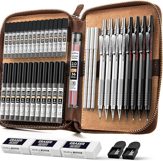 Nicpro 45PCS Black & Silver Metal Mechanical Pencil Set in Leather Case, Art Drafting Pencil 0.5, 0.7, 0.9 mm, 2mm Lead Holders for Sketching Drawing With 27 Tube (6B 4B 2B HB 2H 4H Colors)Lead Refill