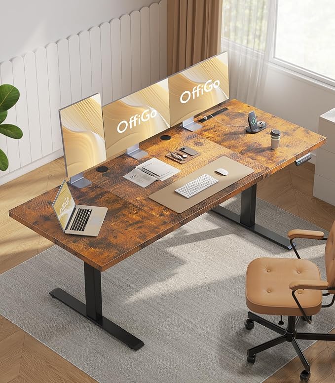 OffiGo Electric Standing Desk with 3-Piece Board, 79 Inch Height Adjustable Large Desk with Power Outlets, Sit Stand Table, Writing Computer Desk for Home, Office, Workstation, Rustic Brown