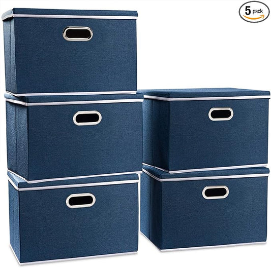 PRANDOM Large Collapsible Storage Bins with Lids [5-Pack] Fabric Foldable Storage Boxes Organizer Containers Baskets Cube with Cover for Home Bedroom Closet Office Royal Blue(17.7x11.8x11.8)