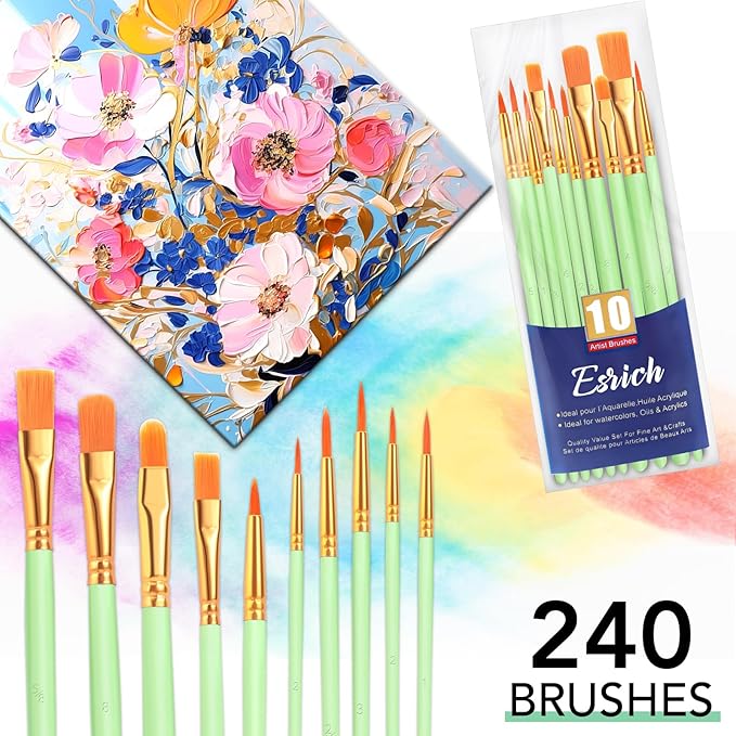 ESRICH Paint Brushes Set,24 Packs 240 Pcs Acrylic Paint Brush Set,Acrylic Oil Watercolor, Face Nail Art, Miniature Detailing,Rock Painting,Painting Artist Professional Kits(Green)