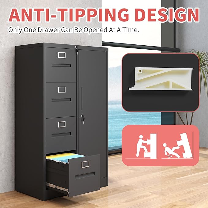 4 Drawer File Cabinet with 1 Door,Metal Storage Locker Cabinets for Employees,Home Office Black Filing Cabinets for Legal/Letter Size Files,Assembly Required