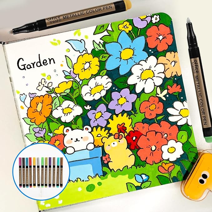 12 Colors Metallic Paint Markers, Medium Tip Acrylic Paint Pens for Black Paper, Scrapbooking Supplies for Vision Board and Art Crafts, Metallic Markers for Rock Painting and Photo Albums