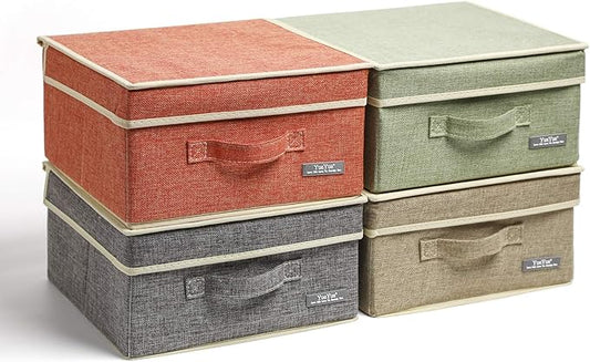 YueYue Small 4 Pack Fabric Stroage Box with Lids, Linen Foldable Stroage Box with lids 4 Color Set 12.4in/12in/6.7in