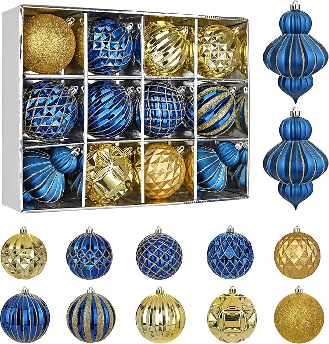 4" Christmas Ball Ornaments Set 12PCS Large Shatterproof Plastic Ornaments Christmas Tree Ball Hanging Ornaments for Xmas Tree Wedding Party Holiday Decorations - Navy Blue, Gold