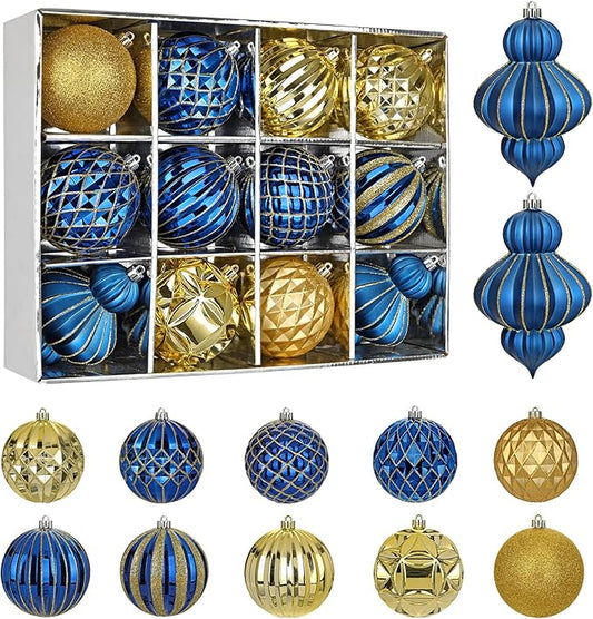 4" Christmas Ball Ornaments Set 12PCS Large Shatterproof Plastic Ornaments Christmas Tree Ball Hanging Ornaments for Xmas Tree Wedding Party Holiday Decorations - Navy Blue, Gold