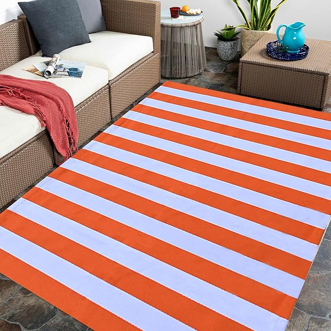 CAINANEL Fall Outdoor Rug Orange and White Striepd Rug Front Door Mat Halloween Thanksgiving Fall Autumn Home Decor, Layerd Welcome Doormat for Front Porch Decor, Front Door, Farmhouse Decor