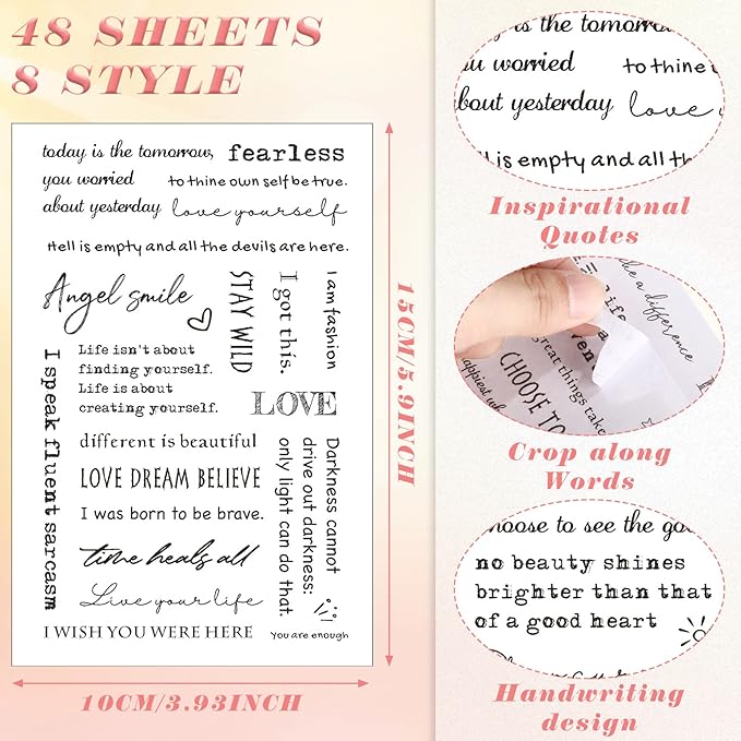48 Sheets Inspirational Quotes Stickers Aesthetic Sayings Decal Motivational Words Handwritten Letters Gift for DIY Crafts Journaling Scrapbook Planner Appreciation Supplies, 8 Styles(Black)