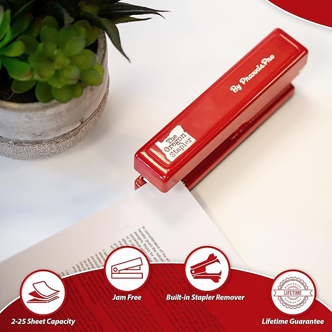 The Oregon Stapler, Built in USA, Built-in Staple Remover, Staples 2 to 25 Sheets, includes Box of 1,250 "Powerhouse" Standard 26/6 Staples, for Home, School or Office, Red