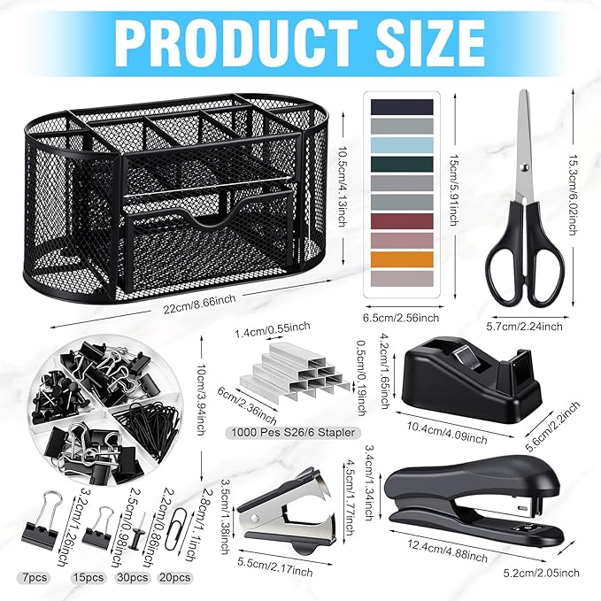 Black Office Desk Accessories Supplies Desk Organizer and Accessories with Mesh Desktop Organizer Stapler 1000 Staples Tape Dispenser Staple Remover Clips Scissors Gifts for Office Clerk