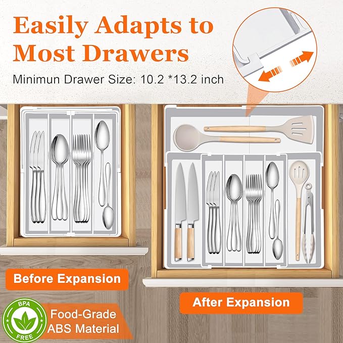 Silverware Organizer - Expandable Silverware Tray for Drawer, Adjustable Utensil Drawer Organizer for Forks, Knives, Kitchen Organizers and Storage, White
