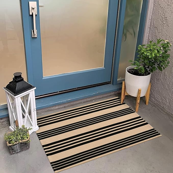 OJIA Christmas Front Door Mat Outdoor 24''x35'' Washable Front Door Rug Entry Rug Indoor Outdoor Rugs Holiday Doormat Cotton Woven Striped Small Area Rugs for Porch/Bathroom/Farmhouse/Home Entrance