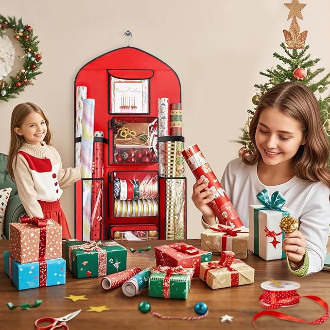 Hanging Gift Wrapping Paper Storage, 48x24 (Extra Large) Red Double-Sided Christmas Wrapper Bag Container, Oxford Long Craft Roll Organizer, Present Wrap Holder for Closet, Door