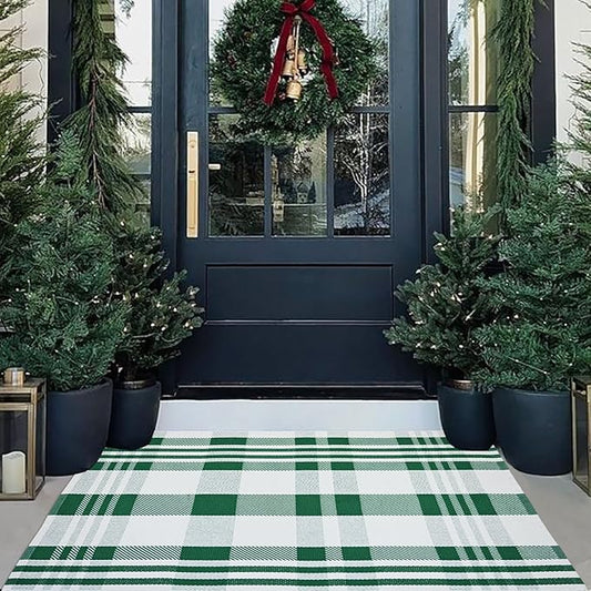 Christmas Door Mat Outdoor 27.5” x 43” Green and White Plaid Rug Christmas Decor Rug Cotton Hand-Woven Layered Door Mats Washable Carpet for Front Porch, Kitchen, Farmhouse, Entryway