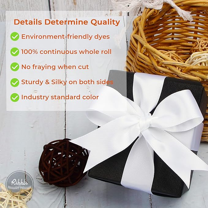 Ribbli Double Faced White Satin Ribbon,1” x Continuous 25 Yards,Use for Bows Bouquet,Gift Wrapping,Floral Arrangement
