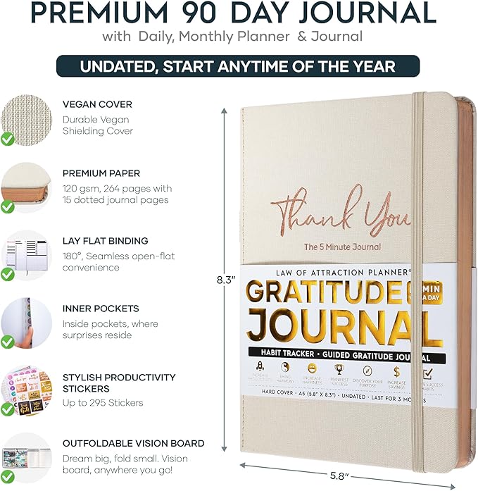 Gratitude Journal for Women & Men - 5 Minute Self Care Journal | 90-Day Undated Daily Planner for Positivity, Affirmations & Manifestation | Guided Mindfulness, Reflection | Vision Board + Stickers