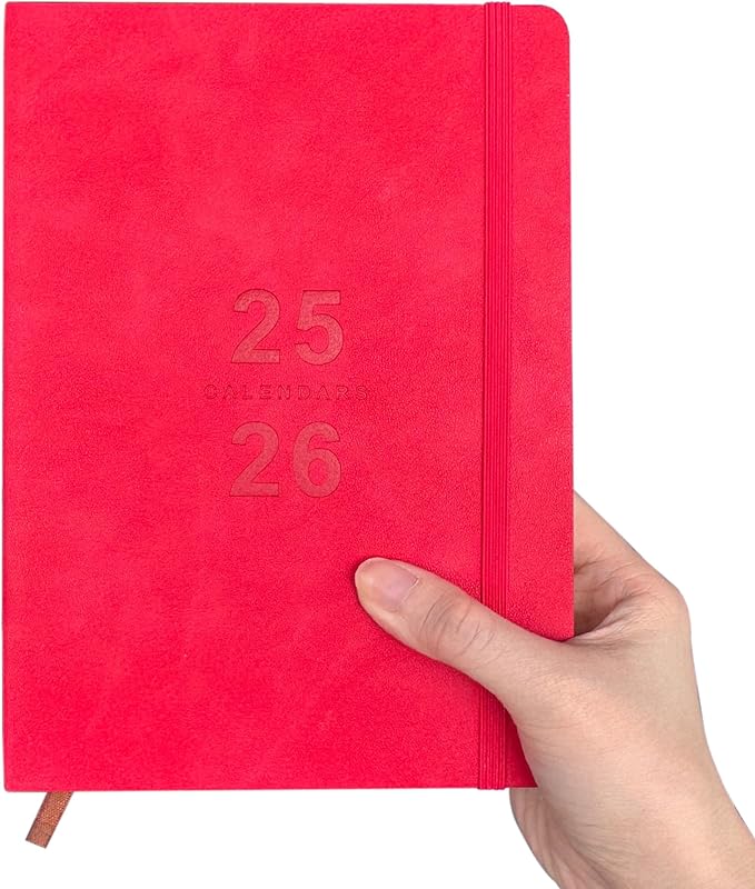 Daily Planner 2025-2026, Academic Planner 2025-2026 Weekly and Monthly Planner, Calendar Book with Hourly Schedule 8.5"x5.8", July 2025 to June 2026, Faux Leather Cover (Red)