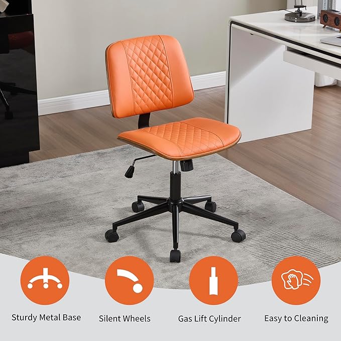 Small Home Office Chair - Armless Mid Back Desk Chair with 360° Swivel and Wheels, PU Upholstered Height Adjustable Modern Walnut Computer Chair for Home, Office Meeting Room - Orange