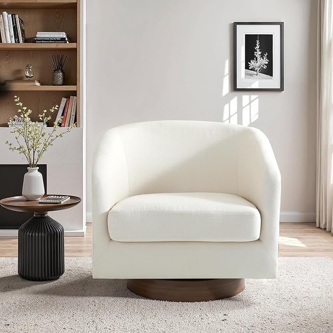 UIXE Swivel Accent Chair with Wood Base, Fabric Upholstered Barrel Chairs for Living Room, Comfy Round Armchair Single Sofa Bedroom Reading Seat - 31" W, Beige