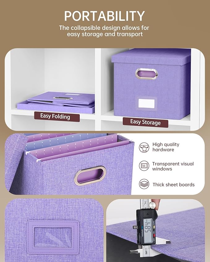 2 Pack File Storage Organizer, Filing Box, Portable File Box with Lid, Fit for Letter/Legal File Folder Storage, Document Organizer, Lavender