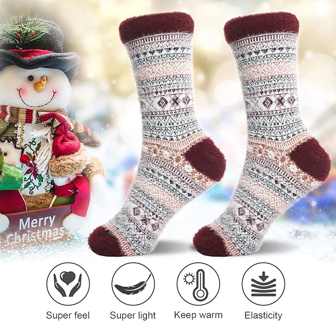 ICEIVY 5 Pair Fuzzy Cozy Socks for Women - Warm Comfy Soft Casual Home Sleep Winter Wool Socks - Gifts for Women