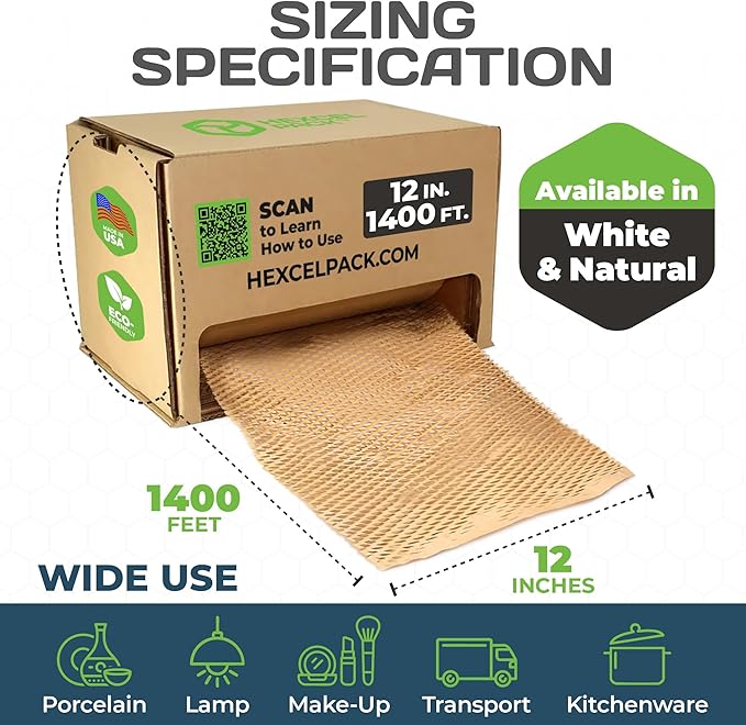 HexcelWrap Mini - Honeycomb Packing Paper, Eco-Friendly, Sustainable Paper Bubble Wrap for Shipping & Moving, Cushioned Packing Material in Easy Self-Dispenser Box - Natural, 12" x 1400'