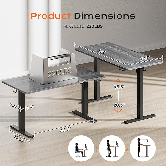 Huuger 55 x 28 Large Electric Standing Desk, Height Adjustable Desk, 27.6" Deep Desktop, Stand up Gaming Computer Office Desk with 2 Hooks, 3 Preset Heights, for Home Office, Grey