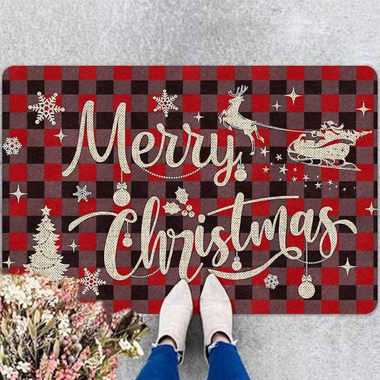 Christmas Front Door Mat Xmas Buffalo Plaid Welcome Doormat Reindeer Santa Claus Floor Mats Outdoor Indoor Area Rug Entry Doormat for Bedroom Living Room Kitchen Nursery, 18" x 30"Inch